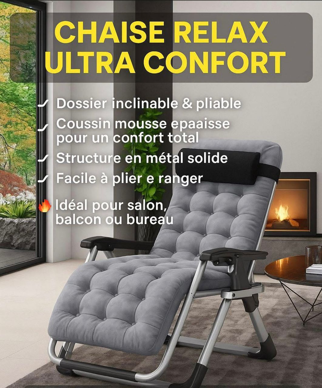 Prix :45000f au lieu 68000f        chaise orthopédique longue d'intérieur à hauteur réglable, fauteuil à bascule inclinable manuel avec dossier solide, rembourrage en coton ,idéal pour la chambre à coucher, facile à transporter et pliable